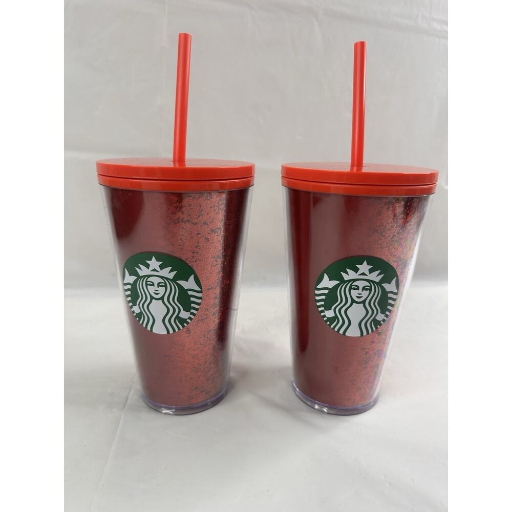 Starbucks Holiday 2020 Red Glitter 16oz Tumbler Cup Grande Iced Coffee Tray Lot